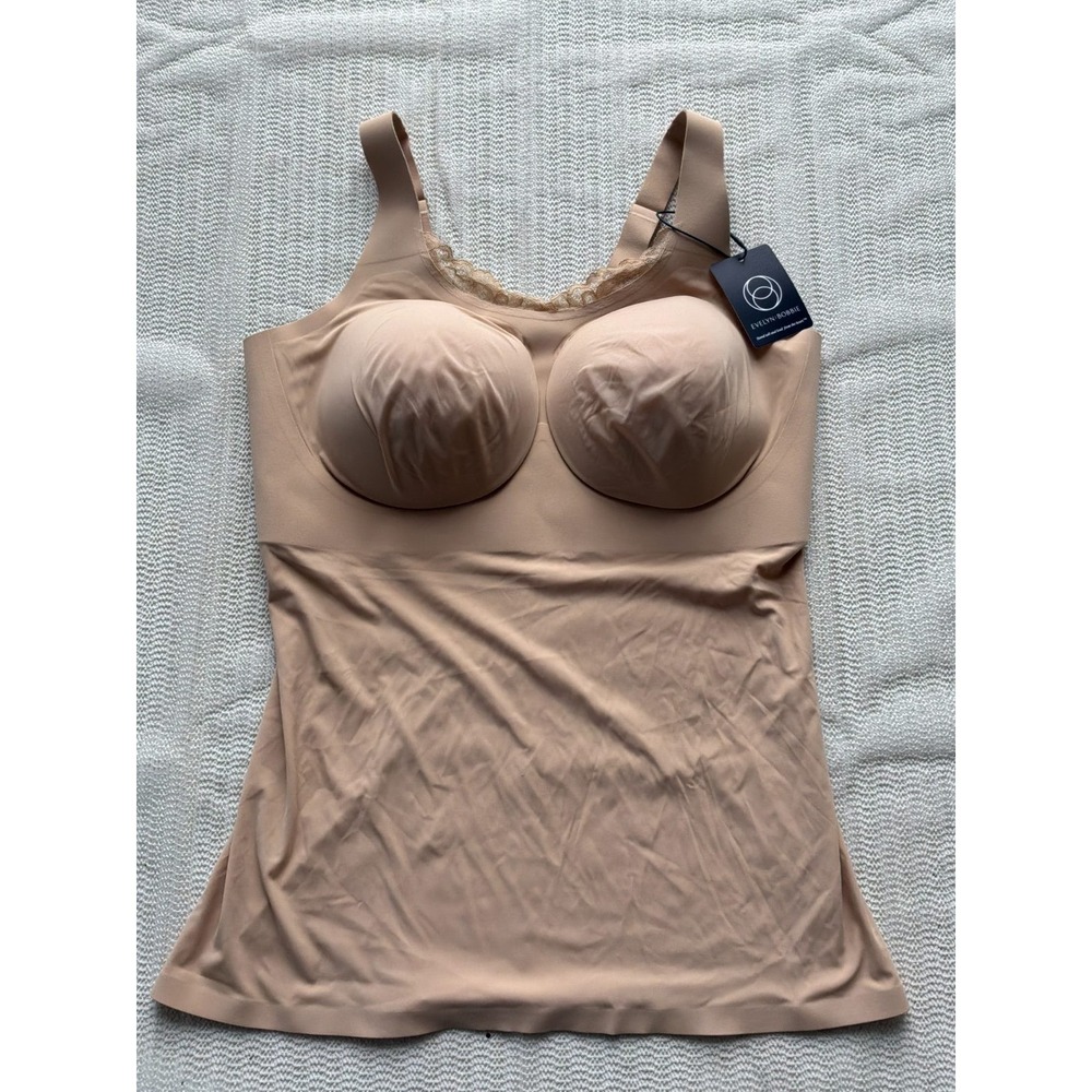 Evelyn & Bobbie Lace Trim Bra Cami 2XL Beige Nude Built-In Bra Tank Top NWT